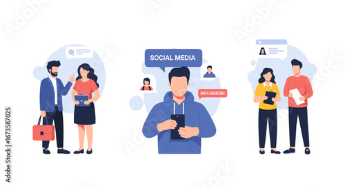 Modern professionals are depicted engaging with social media and digital communication for networking, business collaboration, and online influence strategies.