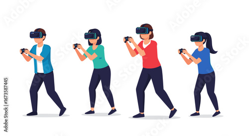 Four diverse individuals are actively engaged in an immersive virtual reality experience, holding controllers while exploring digital worlds and gaming.