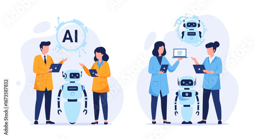 Modern professionals and scientific researchers engage with humanoid robots, harnessing artificial intelligence and advanced technology for innovative solutions and future progress.