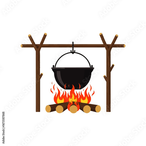 A black cooking pot hangs over a campfire, suspended from a wooden frame. Flames lick the bottom of the pot