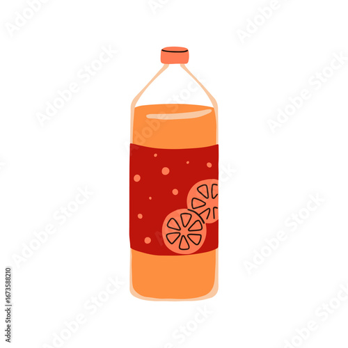 Soda drink in plastic bottle. Carbonated lemonade, orange fruit juice. Citrus beverage with bubbles, sweet summer sparkling refreshment. Flat vector illustration isolated on white background