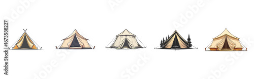 Different camping tents in various outdoor settings.