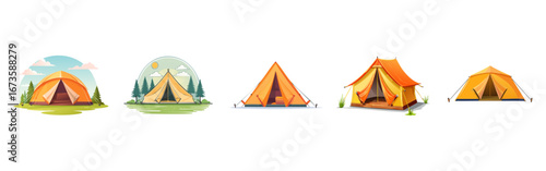 Different colors of camping tents set up in nature.