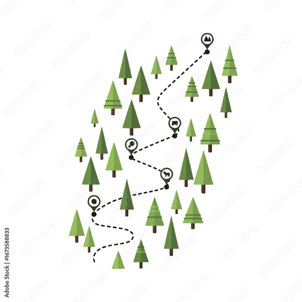 Obraz premium Flat design map of a hiking trail through a forest