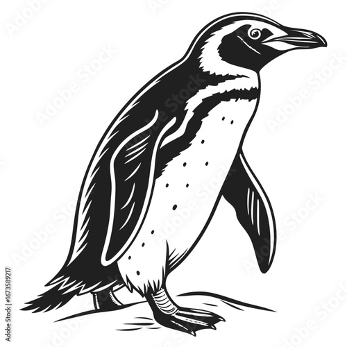 A black and white illustration of a penguin standing with its head turned to the right side view image created with generated ai