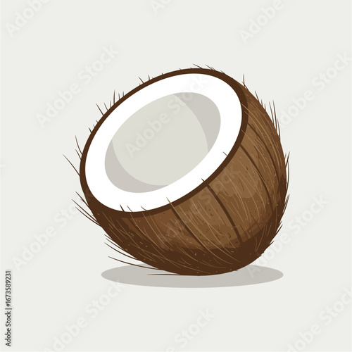 A stylized illustration of a halved coconut, showcasing its fibrous brown exterior and white flesh, set against a neutral background.