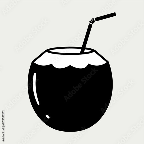 A refreshing black and white illustration of a whole coconut with a straw inserted, ready to be enjoyed.