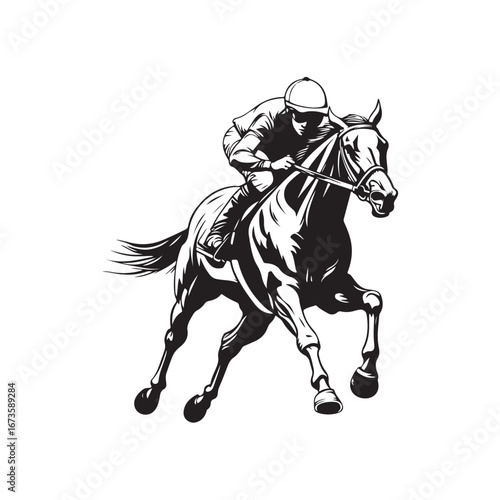 Vector illustration of a horse race scene featuring a jockey riding a galloping horse.