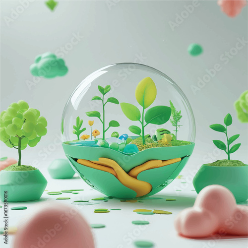 Whimsical terrarium with a miniature ecosystem held by hands, symbolizing environmental protection and nurturing nature in a playful 3D style.