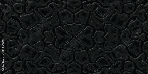 Abstract black background with symmetrical organic celllike patterns and glossy texture