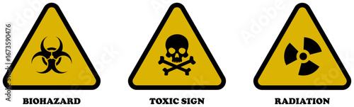 Biohazard, radiation, toxic sign or danger symbol isolated on white background. Biosecurity hazard emblem pack. skull and bones, caution, crossbones, contamination, dangerous, biological contamination