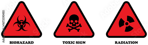 Biohazard, radiation and toxic warning signs in red color isolated on white background. Set hazard danger yellow vector signs. Radiation, toxic sign, biohazard, radioactive, hazard, caution