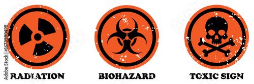 Radiation, biohazard, toxic sign set in grunge style isolated on white background. Warning vector signs. radiation, biohazard, toxic sign, hazard, caution, skull and bones, contamination, crossbones