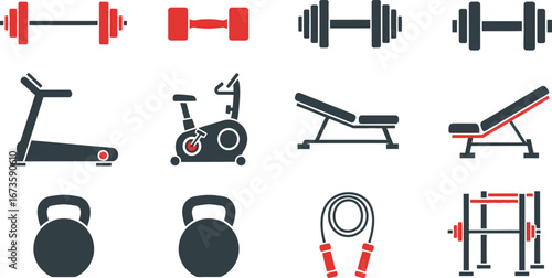 Collection of modern fitness equipment icons for gym workouts and healthy lifestyle