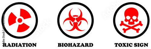 Radiation, biohazard, toxic sign, danger icons in red and black color isolated on white background. Hazard warning icons set. radiation, biohazard, dangerous, biological contamination, toxic waste