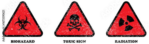 Biohazard, radiation, toxic sign or danger sign in grunge style in red and black color.  Hazard danger yellow vector signs. radiation, biohazard, dangerous, toxic waste, radioactive 