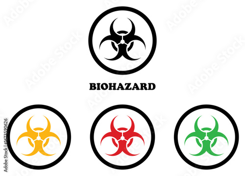 Biohazard icons set in black, yellow, red and green color isolated on white background. Biohazard warning symbol for safety. biohazard, biological, biohazard symbol, hazard, bio