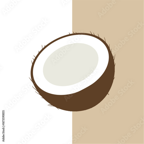 A halved coconut illustration, showcasing the white flesh and brown husk against a two-toned background.