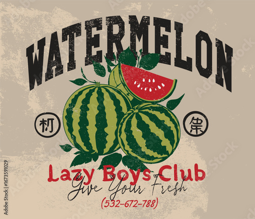Vector illustration of vintage tee, t-shirt graphic design for summer  watermelons on a grunge background. Vector illustration of vintage artwork.