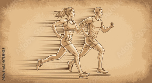 Running man and woman, isolated vector drawing silhouettes. Run, side view. Pencil sketches of athletic looking male and female runners running. EPS version.