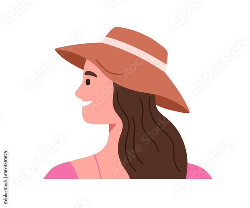 Happy woman face in profile, wearing summer hat. Young smiling female, girl w...