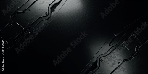 Dark textured metallic surface with diagonal grooves and reflective highlights, abstract industrial background
