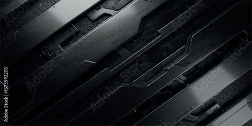 Abstract dark metallic background with geometric patterns and textured details, futuristic scifi design