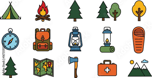 Adventure camping icons for outdoor exploration and survival gear