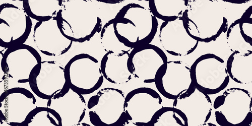 Seamless pattern with black ink circle stamps, textures, round shapes. Rough, grunge marks, bold paint stamps, abstract painted elements. Vector halftone effect. Artistic background, wallpaper, print.