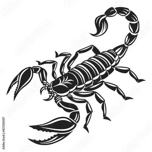 Detailed black and white illustration of a scorpion with segmented body and prominent claws and tail created with generated ai