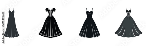 Different styles of elegant black gowns.