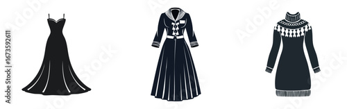 Set of classic black dresses with different sleeves.