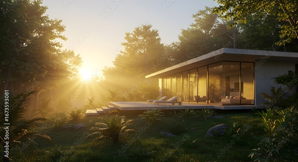 Fototapeta premium Sunrise Golden Light On Modern House Glass Facade