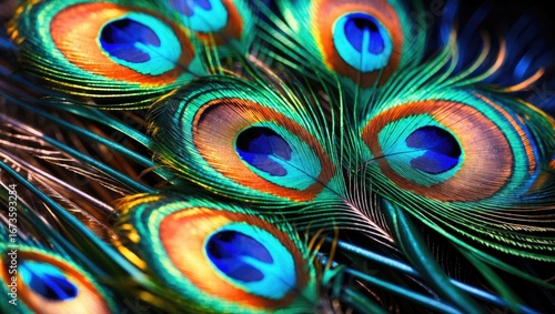 Close-up of peacock feathers showing vibrant colors and eye patterns.