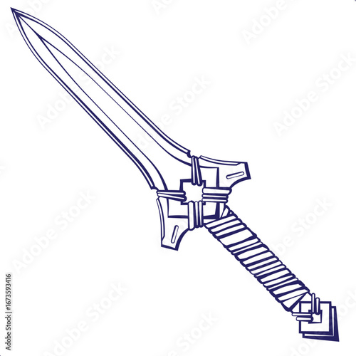 Epic Fantasy Sword Vector Illustration in Black and White Line Art Style – Medieval Warrior Blade, Ancient Knight Weapon, Decorative Armory Design, RPG Adventure Game Asset, Heroic Battle Equipment