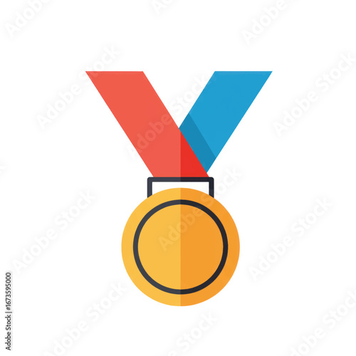 Champions gold medal with a two-tone red and blue ribbon flat vector icon style.