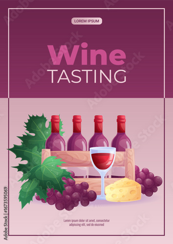 A design template for wine tasting. Wine glass, bottle, grapes, cheese, wooden box. The concept of a winery, restaurant. Vector illustration of A4 format for posters, banners, posters, invitations