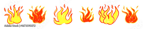 Fire hand drawn set crayon texture. Scribble flame fire crayon or charcoal texure on white background