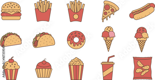 A vibrant collection of popular fast food items and sweet treats in a playful illustration style.