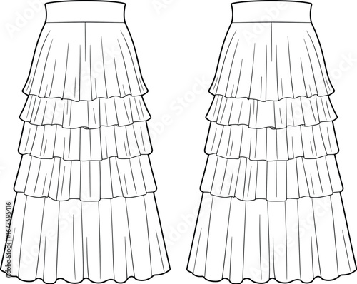 Fashion flat sketch vector illustration of tiered maxi skirt with layered ruffle design, front and back view, technical drawing, garment template, clothing outline