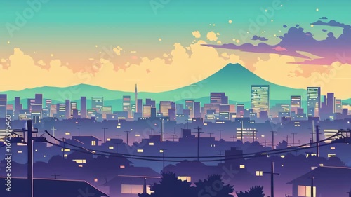 Calm Animated Cityscape Showcasing Vibrant Skyline, Peaceful Mountains, and Serene Sunset Atmosphere with Beautiful Blend of Colors