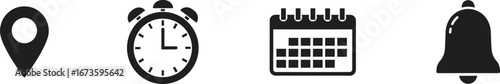 Location pin, alarm clock, calendar and notification bell icon set, black vector symbols, reminder and schedule design elements, time management illustration