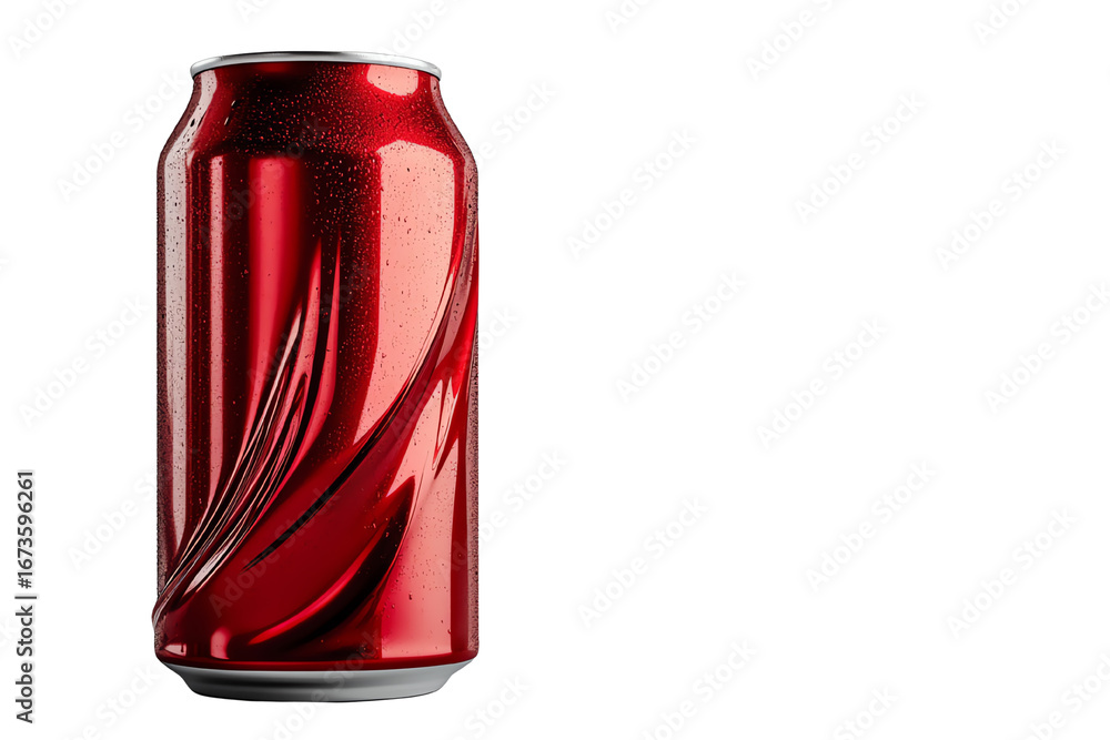 Fototapeta premium Red soda can with a glossy finish, isolated on a white background.