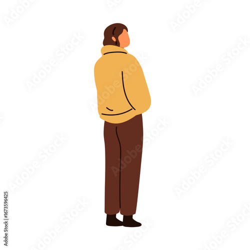 Person standing and waiting outdoors, back behind view with head turned, look...