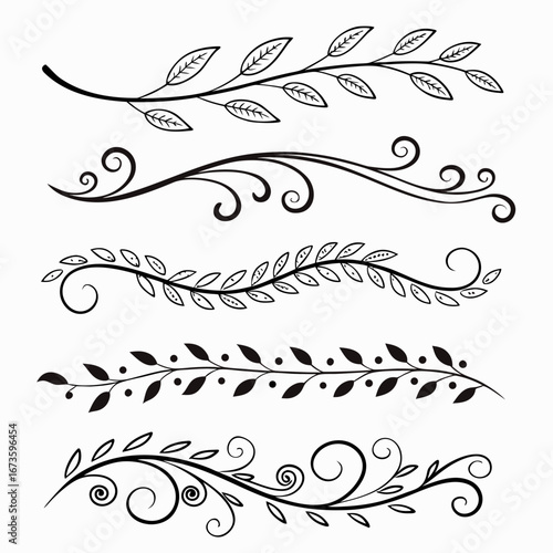 Decorative dividers for creative projects. The black and white clip art features swirling vines and stylized leaves in five unique horizontal designs.


