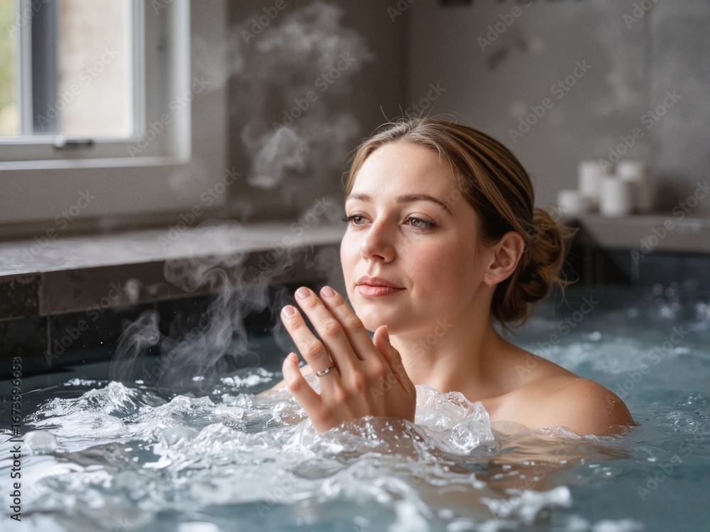 Obraz premium Young woman relaxing in a hot tub with steam in a spa environment