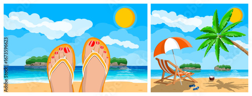 Woman's feet with red nail polish in flip flops on sandy beach. Tropical ocean holiday with palm tree and sun umbrella. Summer vacation concept.