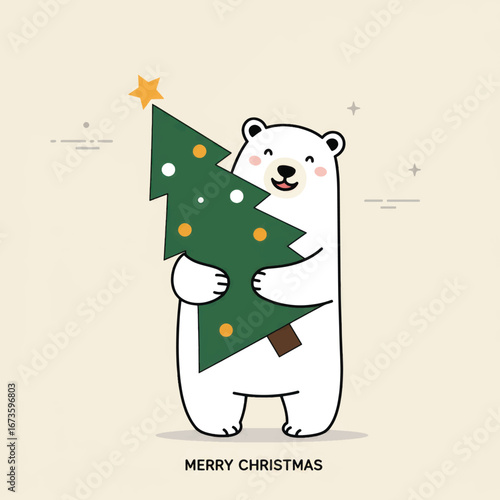 Cute cartoon polar bear with a happy smile hugging a decorated Christmas tree.