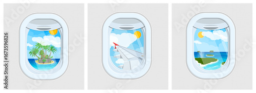 Airplane window set with tropical island, wing, and ocean view. Vacation travel trip concept illustration for tourism banner.
