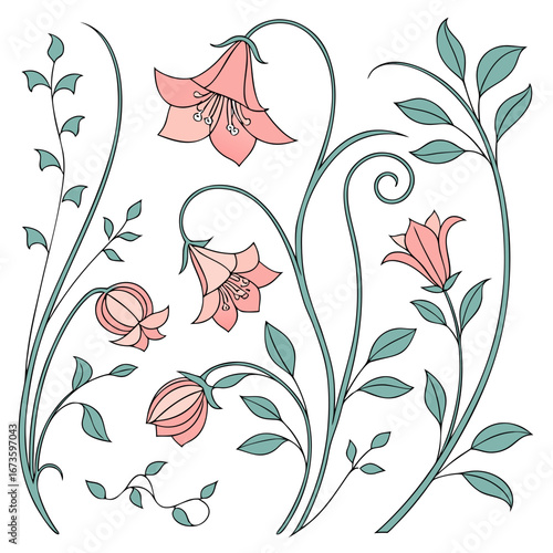 Decorative floral elements. Four swirly, vine-like vector designs with leaves, for website decoration.

